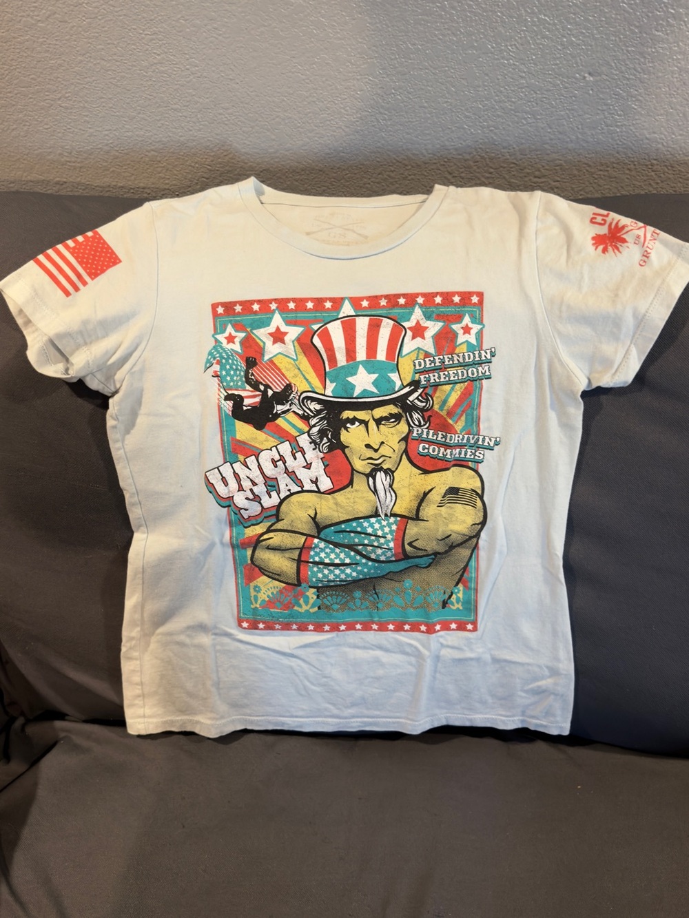 Grunt style women’s White Graphic Tee with Patriotic Uncle Sam Print